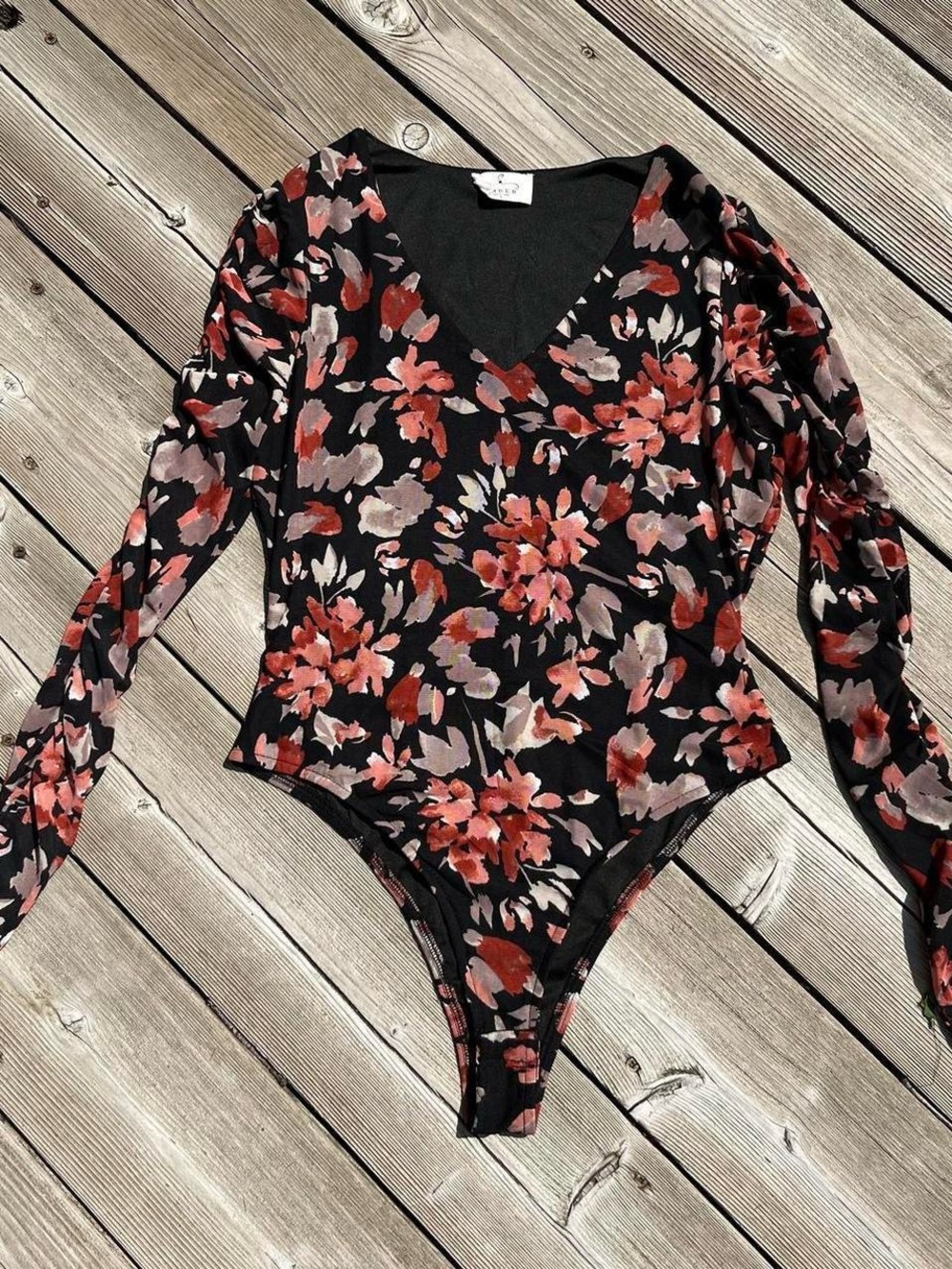 Ember black/floral print sheer overlay bodysuit